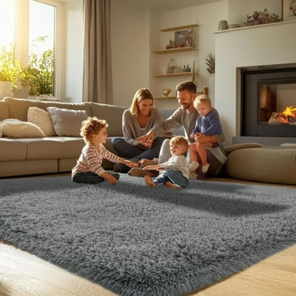 New Fluffy 8x10 Grey Area Rug, Soft Shag Carpet for Home & Bedroom Decor